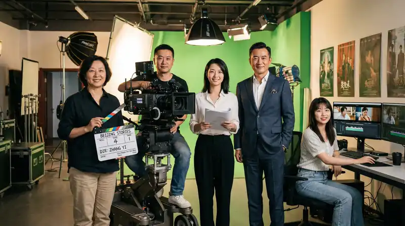 困困兔专业影视制作团队在现代化摄影棚中合影，展示导演、摄影师、编剧、制片人和剪辑师