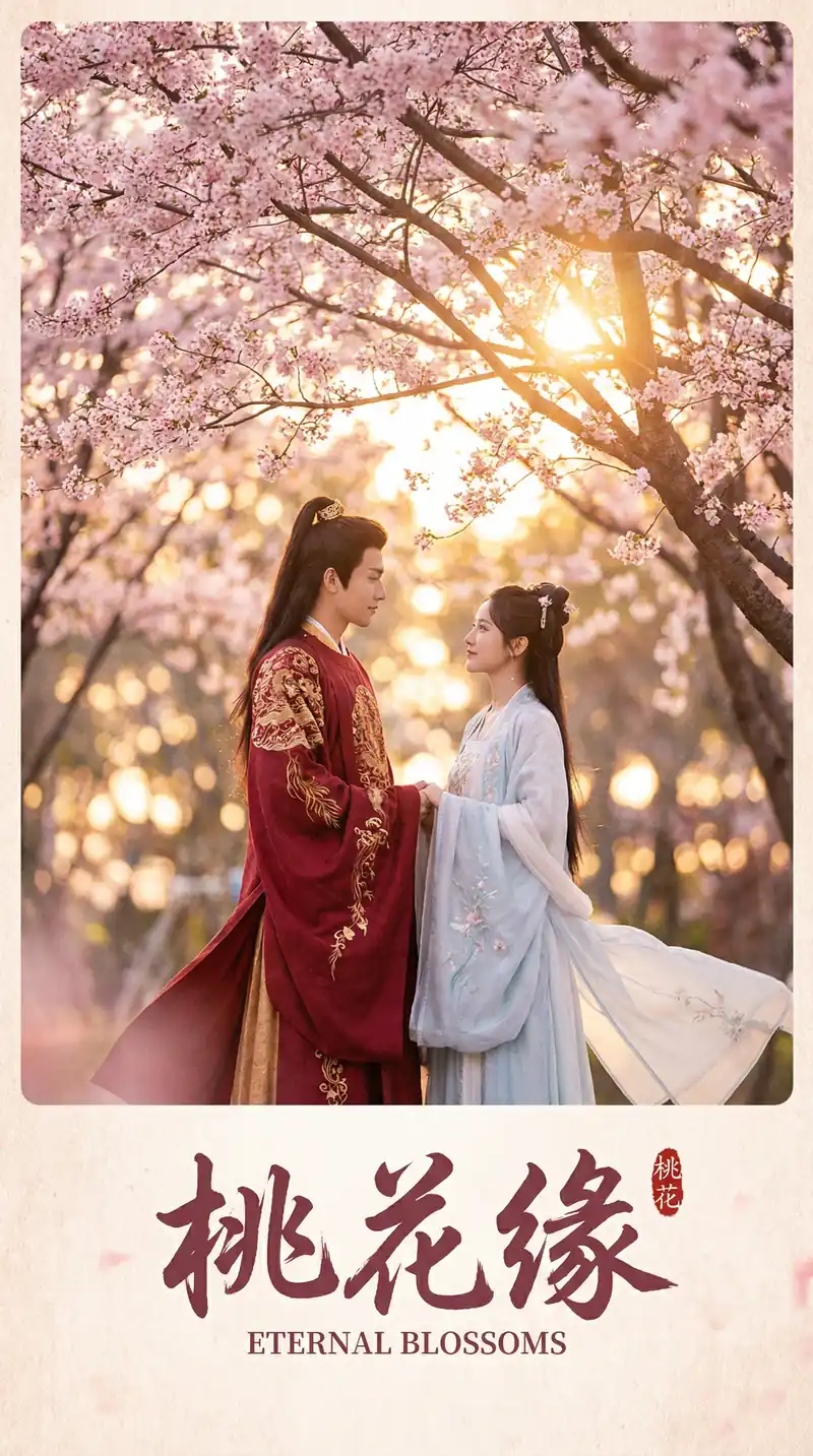 桃花缘电影海报，古装男女主角在樱花树下深情对望
