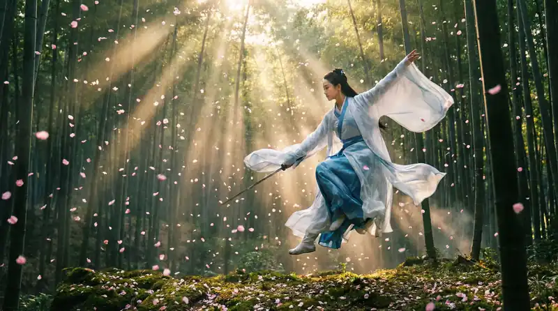 困困兔精彩影片预告片画面，竹林中女侠飞身舞剑